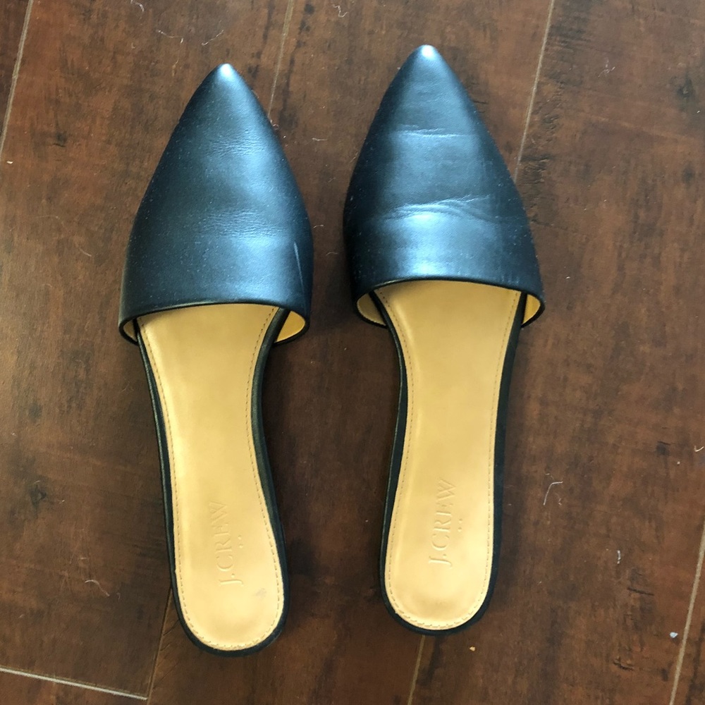 J Crew - Black, flat, pointy-toe mules. Worn Once